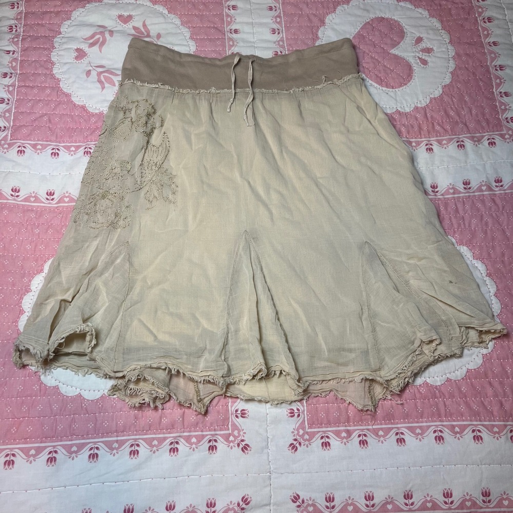 y2k Da-Nang Tan Cotton Gauze Embroidered Koi Mini Skirt Raw Hem Sz M
